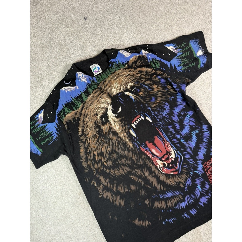Vtg 95 Liquid Blue Grizzly Bear Nature Double Sided AOP L Vibrant Single Stitch